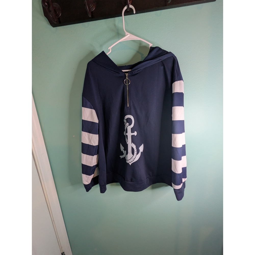 Navy Blue Nautical Anchor Quarter Zip Hoodie Striped Sleeves Womens 2XL